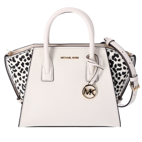 Michael Kors Avril Small Leather Cheetah Print Calf Hair Satchel Light Cream Michael Kors Handbags