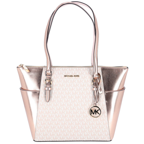 Michael Kors Charlotte Large Signature Logo Metallic Top Zip Tote Bag Rose Gold Michael Kors Handbags