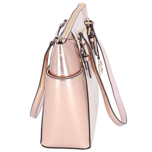 Michael Kors Charlotte Large Signature Logo Metallic Top Zip Tote Bag Rose Gold Michael Kors Handbags