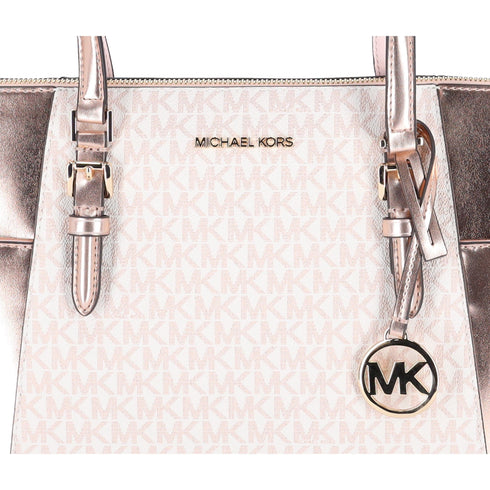 Michael Kors Charlotte Large Signature Logo Metallic Top Zip Tote Bag Rose Gold Michael Kors Handbags
