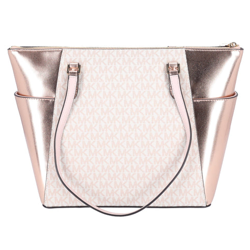 Michael Kors Charlotte Large Signature Logo Metallic Top Zip Tote Bag Rose Gold Michael Kors Handbags