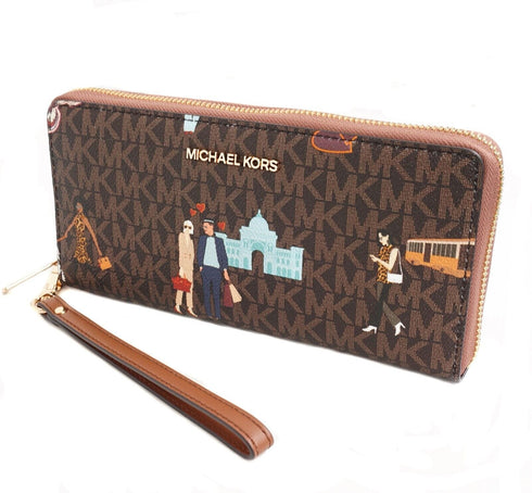 Michael Kors Jet Set Girls Large Zip Around Continental Wristlet Wallet Brown Michael Kors Wallets