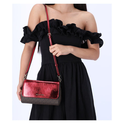 Michael Kors Jet Set Medium Convertible Pouchette Crossbody Brown Red Metallic Michael Kors Handbags & Purses