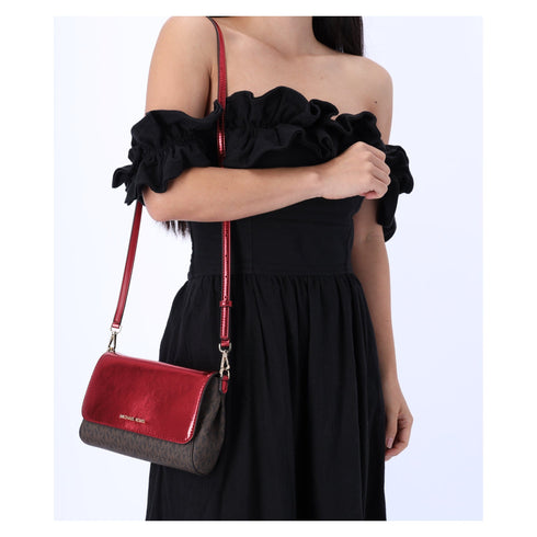 Michael Kors Jet Set Medium Convertible Pouchette Crossbody Brown Red Metallic Michael Kors Handbags & Purses