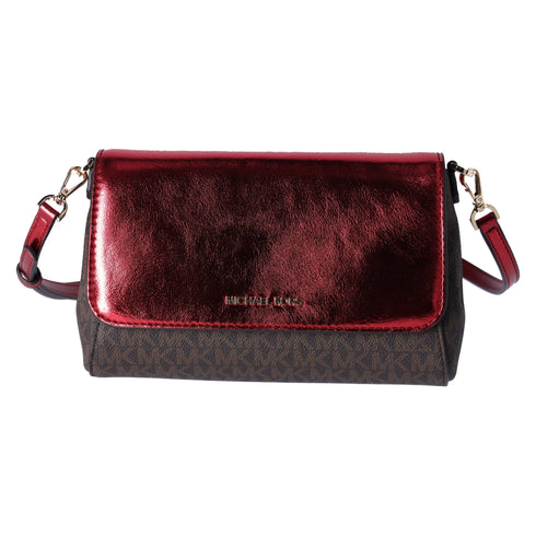 Michael Kors Jet Set Medium Convertible Pouchette Crossbody Brown Red Metallic Michael Kors Handbags & Purses