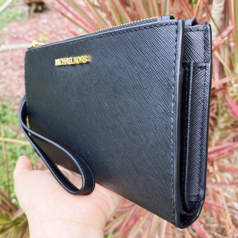 Michael Kors Jet Set Travel Double Zip Wristlet Leather Phone Case Wallet Black Michael Kors Wallets