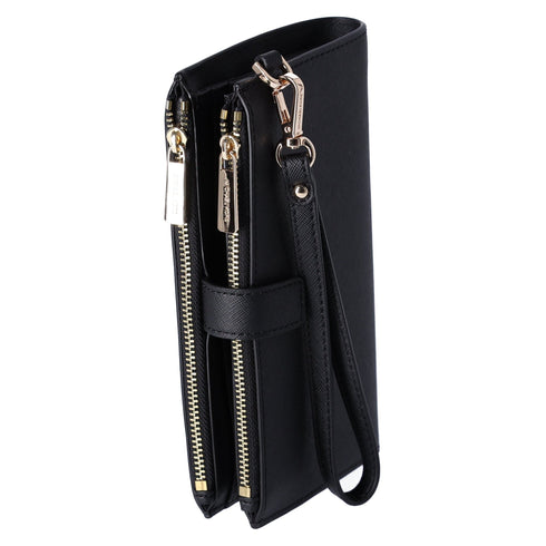 Michael Kors Jet Set Travel Double Zip Wristlet Leather Phone Case Wallet Black Michael Kors Wallets