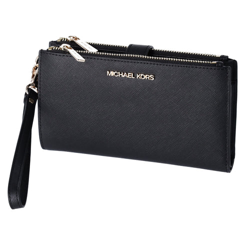 Michael Kors Jet Set Travel Double Zip Wristlet Leather Phone Case Wallet Black Michael Kors Wallets