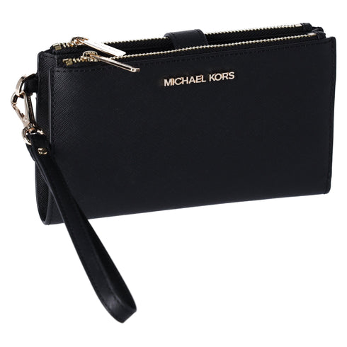 Michael Kors Jet Set Travel Double Zip Wristlet Leather Phone Case Wallet Black Michael Kors Wallets