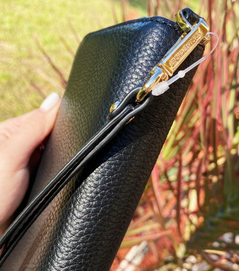 Michael Kors Jet Set Travel Large Phone Wristlet Wallet Pebbled Leather Black Michael Kors Wallets