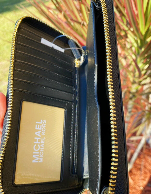 Michael Kors Jet Set Travel Large Phone Wristlet Wallet Pebbled Leather Black Michael Kors Wallets