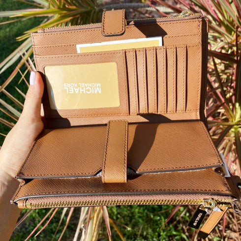 Michael Kors JetSet DoubleZip WristletLeather PhoneWallet LuggageBrown Michael Kors Wallets