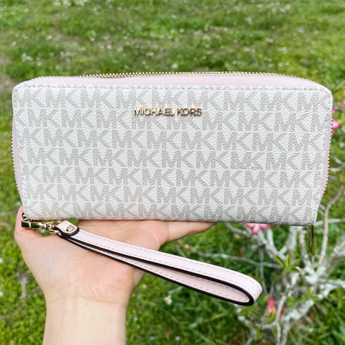 Michael Kors JetSet Large ContinentalWallet Wristlet MK Vanila PinkBlush Michael Kors Wallets