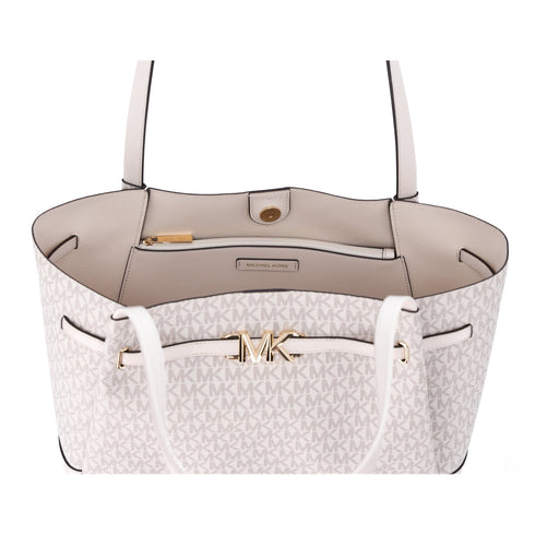 Michael Kors Reed Large Belted Logo Shoulder Bag Tote Light Cream MK Signature Michael Kors Handbags & Purses