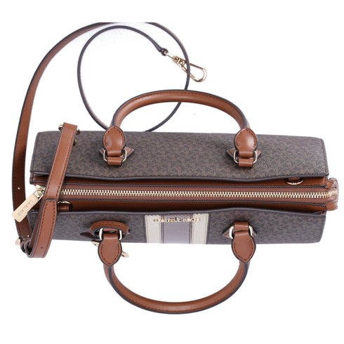 Michael Kors Sheila Medium Signature Logo and Metallic Satchel Brown Gold Michael Kors Handbags