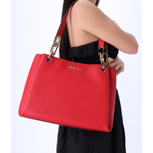 Michael Kors Trisha Large Triple Gusset Compartment Shoulder Tote Bright Red Michael Kors Handbags