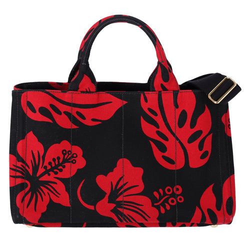 PRADA Canapa Tote Bag Black Red Canvas Leaves Print PRADA Handbags
