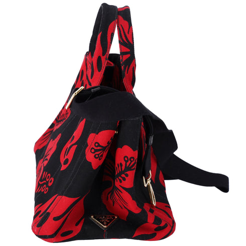 PRADA Canapa Tote Bag Black Red Canvas Leaves Print PRADA Handbags