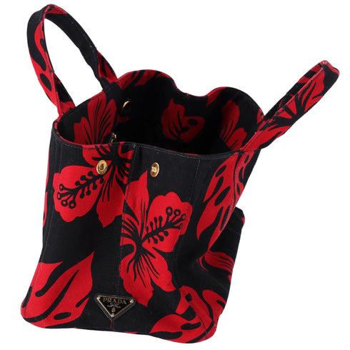 PRADA Canapa Tote Bag Black Red Canvas Leaves Print PRADA Handbags