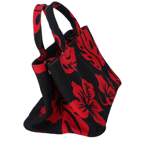 PRADA Canapa Tote Bag Black Red Canvas Leaves Print PRADA Handbags