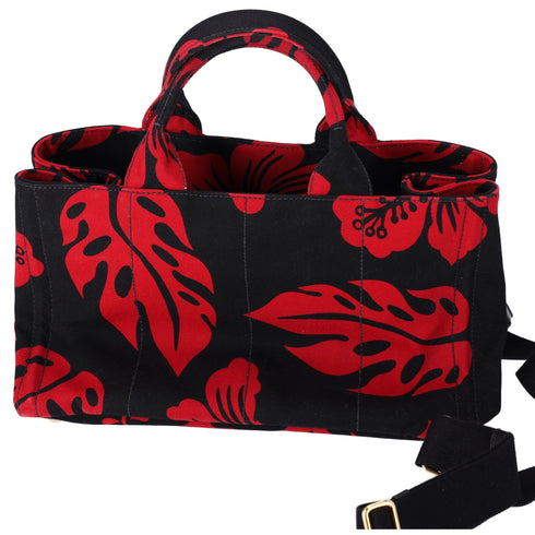 PRADA Canapa Tote Bag Black Red Canvas Leaves Print PRADA Handbags