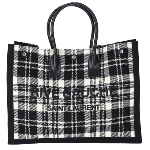 Saint Laurent Rive Gauche Tote Bag 499290 Black White Plaid Wool Leather Saint Laurent Handbags