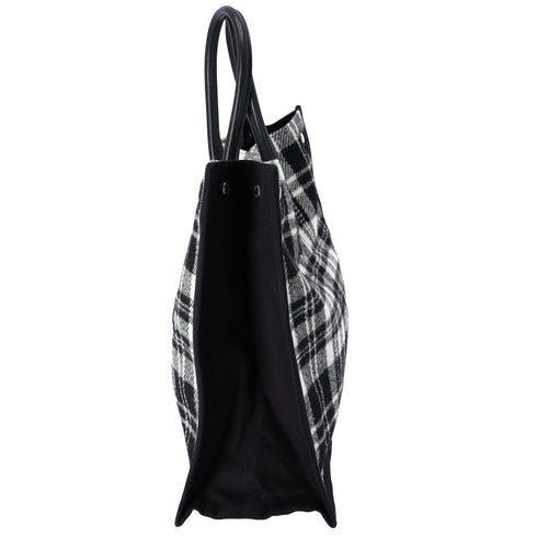Saint Laurent Rive Gauche Tote Bag 499290 Black White Plaid Wool Leather Saint Laurent Handbags