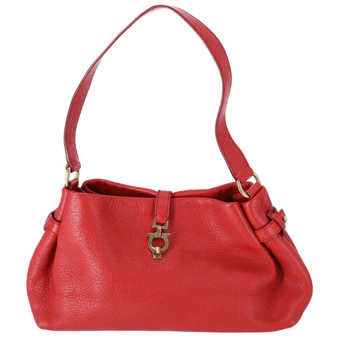 Salvatore Ferragamo Gancini One Shoulder Strap Hobo Pebbled Leather Red Salvatore Ferragamo Handbags