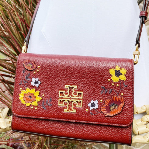 Tory Burch Britten Embellished Combo Crossbody Pebbled Leather Blood Red Floral Tory Burch Handbags & Purses