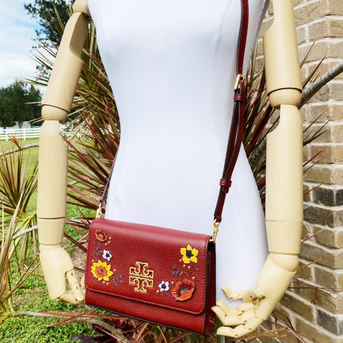 Tory Burch Britten Embellished Combo Crossbody Pebbled Leather Blood Red Floral Tory Burch Handbags & Purses