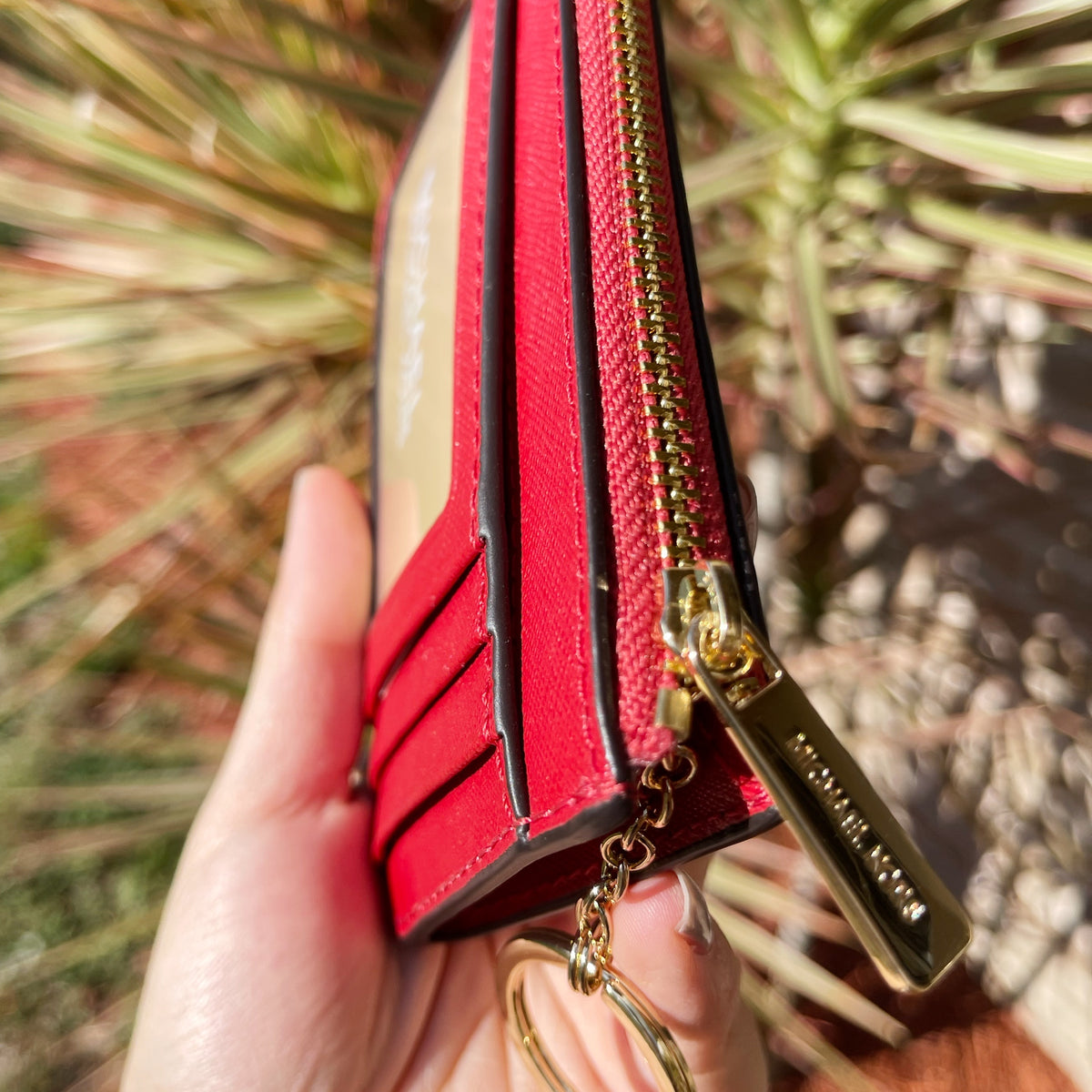 Michael Kors Jet Set Travel Zip Around Card Case Wallet Brown Mk Flame Red