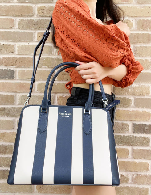 Kate Spade New York Darcy Pond Stripe Large Satchel Crossbody DarK Blue Beige