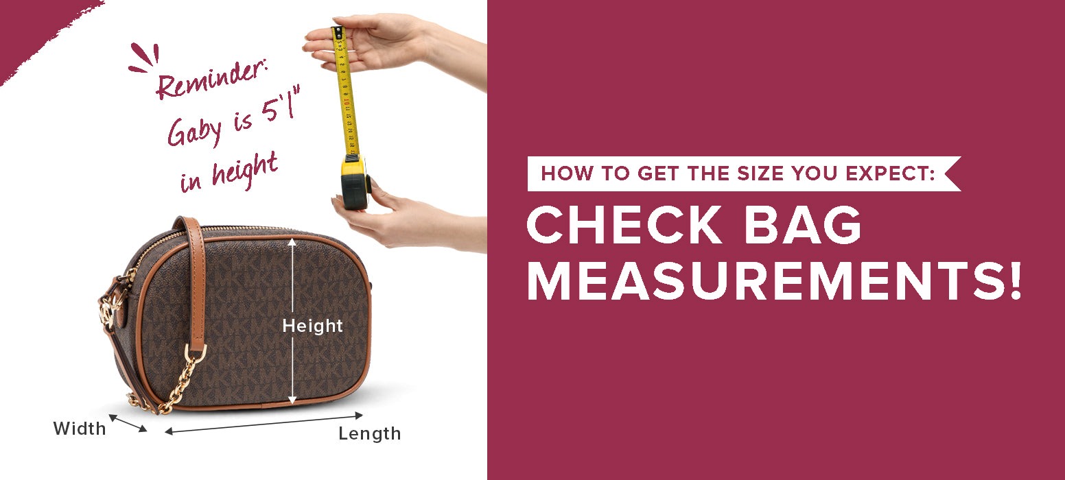 How to read bag measurements — width, height, and length, with Gaby's 5'1" height as a reference