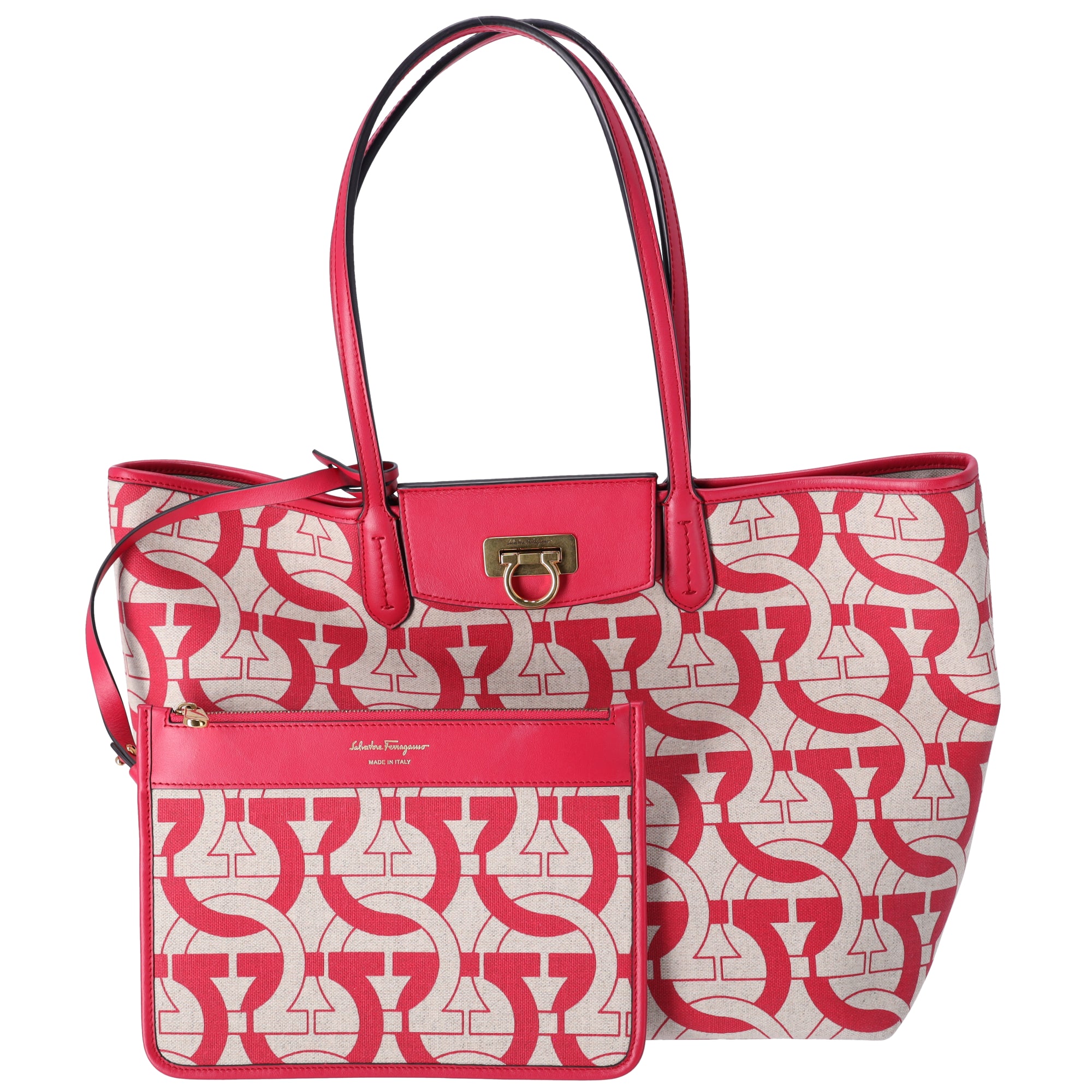 Salvatore Ferragamo Gancini Tote Bag Beige Red Canvas Leather