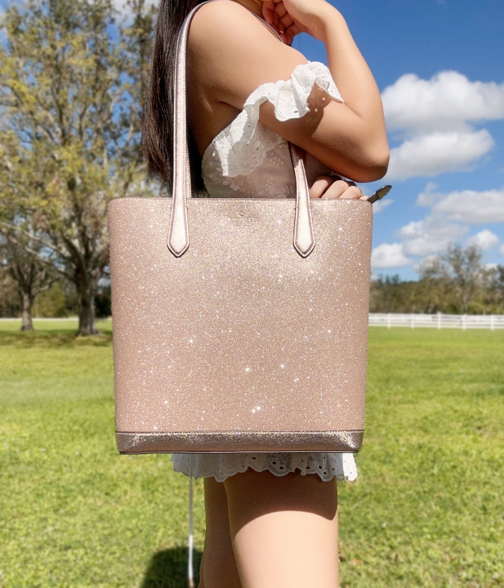 Kate Spade Tinsel Rose Gold Glitter Shoulder Tote Bag Handbag