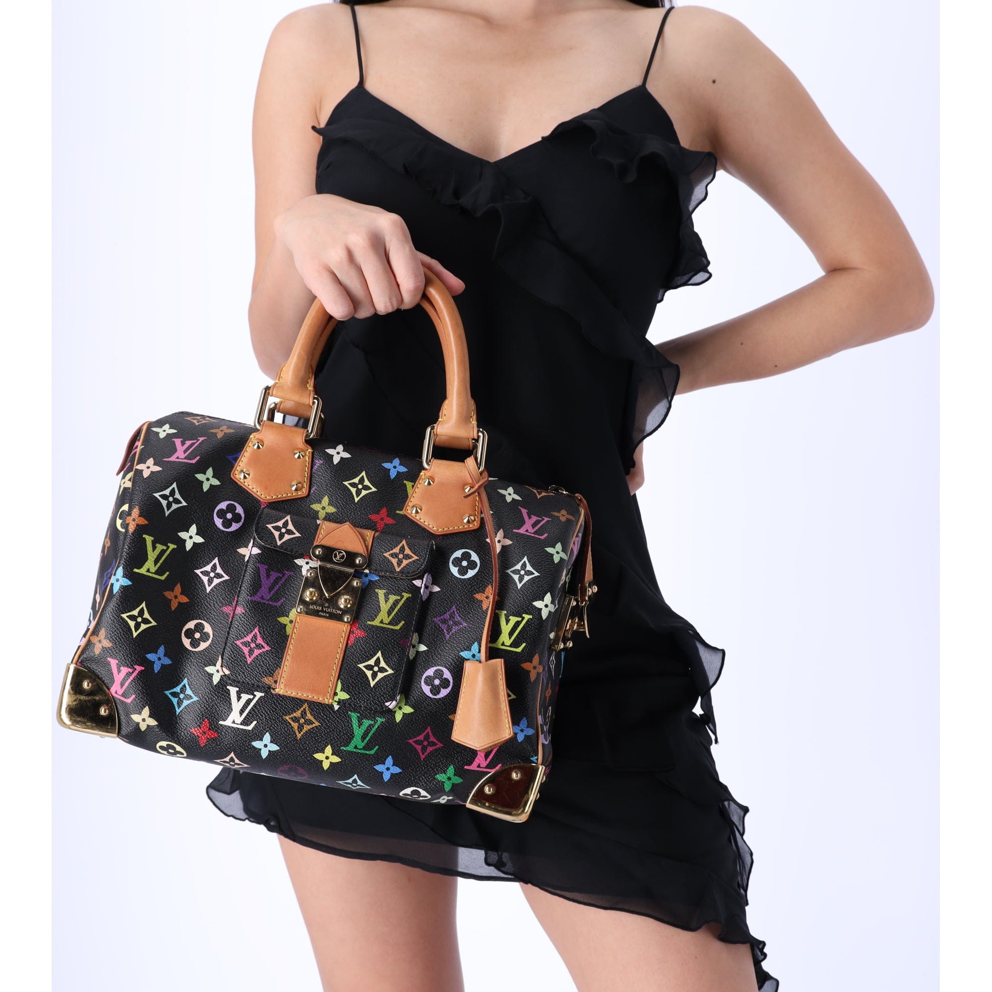 Louis Vuitton Black Monogram Multicolor Speedy 30 Top Zip Satchel 