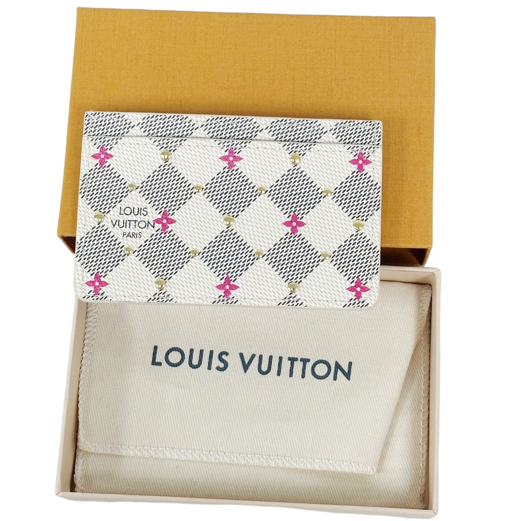 Louis Vuitton Damier Azur Studded Card Holder Case White Pink