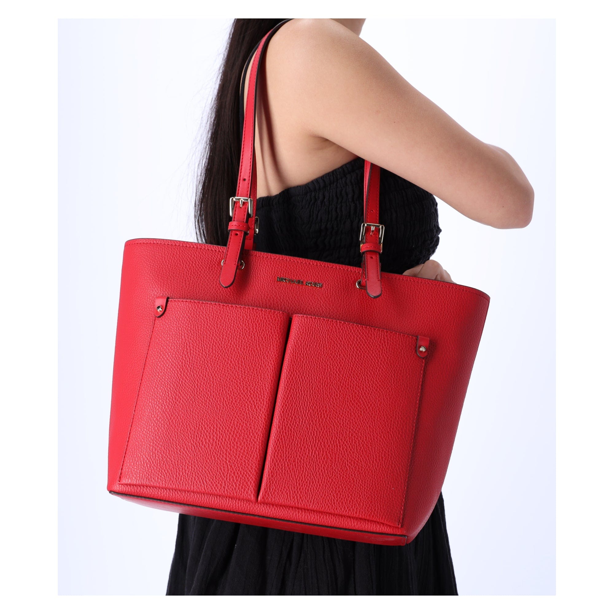 double zip tote jet set travel bag Michael Kors Jet Set Travel Medium Double Pocket Tote Vegan Leather Bright Red