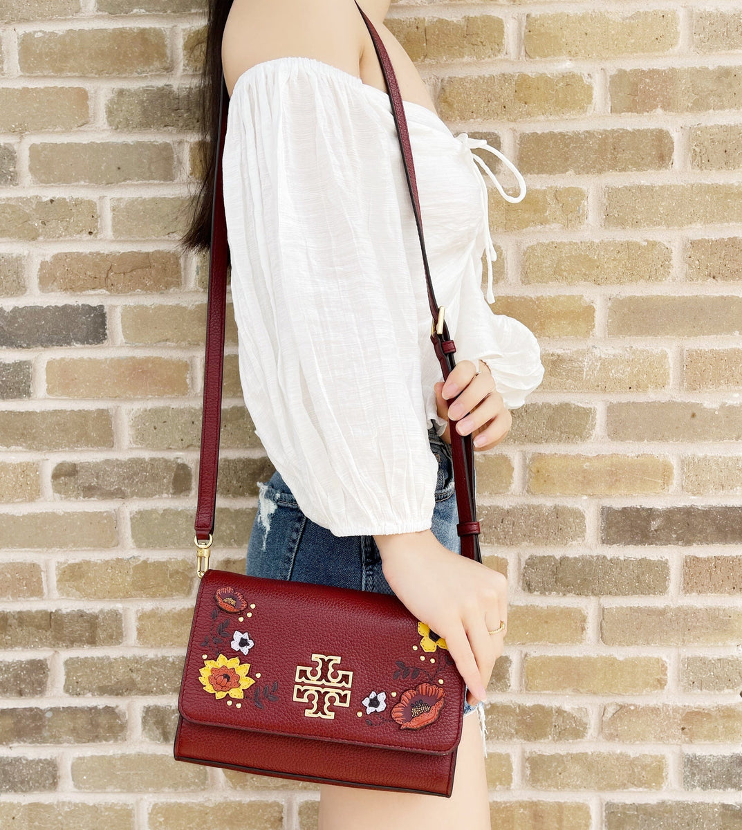 Tory Burch Britten Embellished Combo Crossbody Pebbled Leather Blood R ...