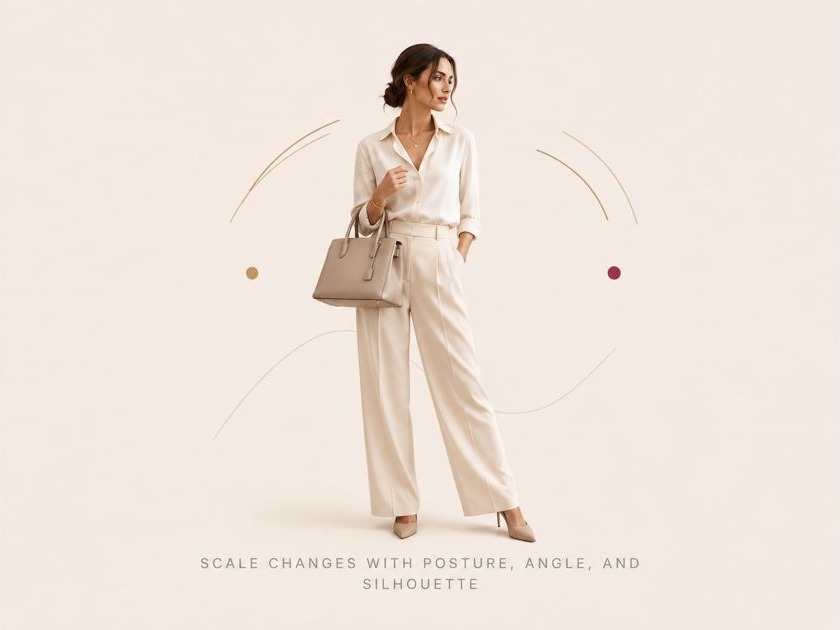 Fashion model holding a handbag, illustrating how posture and camera angle affect perceived bag scale